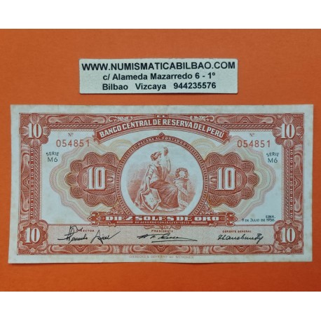 . @PVP NUEVO 140€@ PERU 10 SOLES DE ORO 1956 DAMA y ESCUDO Pick 77 BILLETE MBC