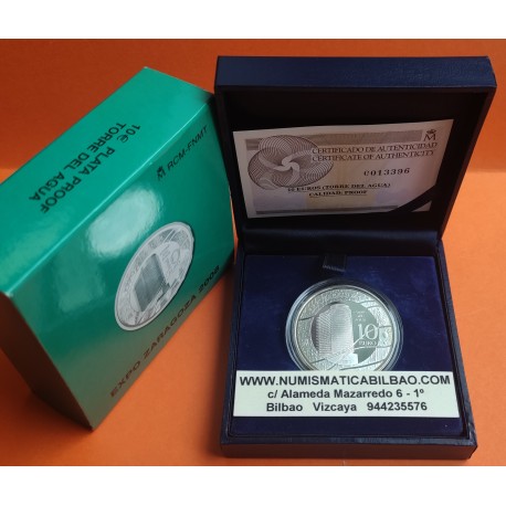 ESPAÑA 10 EUROS 2007 TORRE DEL AGUA EXPO ZARAGOZA 2008 MONEDA DE PLATA PROOF ESTUCHE FNMT