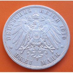 . REINO DE PRUSIA Alemania 3 MARCOS 1910 A REY WILHELM II KM.527 MONEDA DE PLATA MBC++ Germany Deutsches Reich Drei Mark