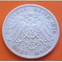 . REINO DE PRUSIA Alemania 3 MARCOS 1910 A REY WILHELM II KM.527 MONEDA DE PLATA MBC++ Germany Deutsches Reich Drei Mark