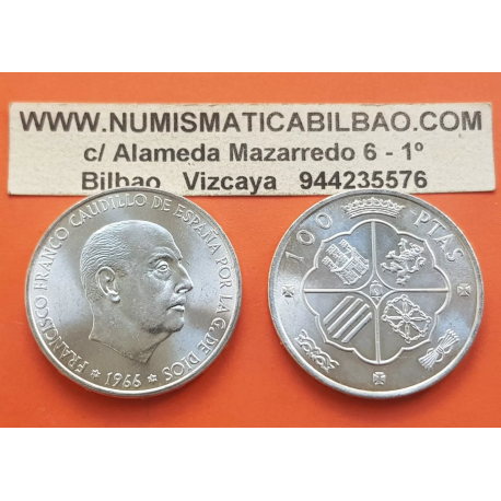 ESPAÑA 100 PESETAS 1966 * 19 70 FRANCISCO FRANCO SIN CIRCULAR DE CARTUCHO PLATA MONEDA DEL ESTADO ESPAÑOL