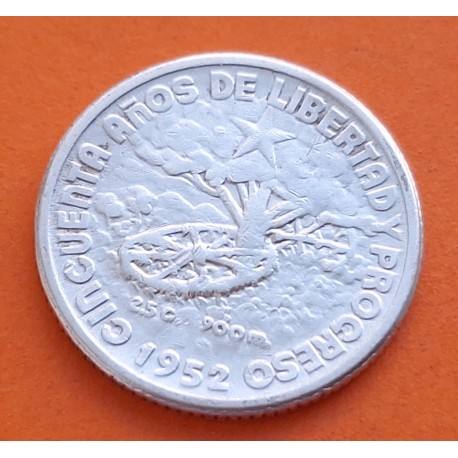 CUBA 10 CENTAVOS 1952 BANDERA y ARBOL 50 AÑOS DE LIBERTAD y PROGRESO KM.23 MONEDA DE PLATA MBC silver coin R/1