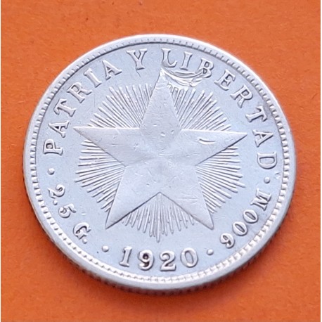 @ESCASA@ CUBA 10 CENTAVOS 1920 PATRIA y LIBERTAD ESTRELLA KM.A12 MONEDA DE PLATA MBC + DEFECTO