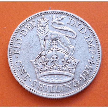 INGLATERRA 1 SHILLING 1934 JORGE V LEON SOBRE ESCUDO KM.833 MONEDA DE PLATA MBC UK Silver