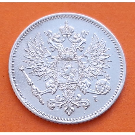 . OCUPACIÓN de RUSIA - FINLANDIA 25 PENNIA 1909 L GRAN PRÍNCIPE NICOLAS II KM.15 MONEDA DE PLATA MBC++ Finnland