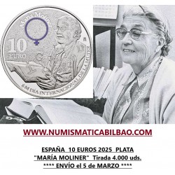 . 1 aaaaaacoin @5/MARZO Envío@ ESPAÑA 10 EUROS 2025 MARÍA MOLINER 8 de Marzo Día Internacional de la Mujer MONEDA PLATA FNMT