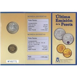 @ULTIMA EMISIÓN DE LA PESETA@ ESPAÑA CARTERA FNMT 2000 PESETAS 2001 PLATA + 100 PESETAS 2001 Latón DAMA TUMBADA Estuche Oficial