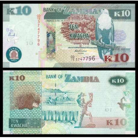 ZAMBIA 10 KWACHA 2012 AGUILA, ERIZO y AGRICULTORES Pick 51A BILLETE SC Africa UNC BANKNOTE