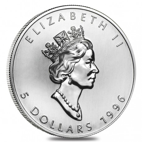 @RARA@ CANADA 5 DOLARES 1996 HOJA DE ARCE MONEDA DE PLATA PURA $5 Dollars Coin ONZA Oz Ounce MAPLE LEAF