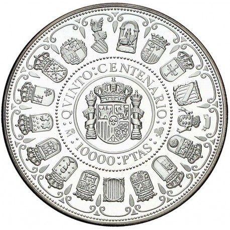 1 moneda SI CÁPSULA NO ESTUCHE x ESPAÑA 10000 PESETAS 1989 V CENTENARIO Cincuentin PLATA PURA 5 Onzas