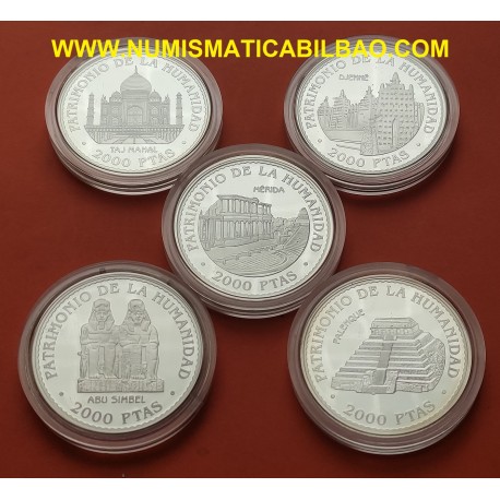 . 5 Monedas x ESPAÑA 2000 PESETAS 1996 UNESCO 1ª Serie PLATA CÁPSULAS + CERTIFICADOS 4 Onzas