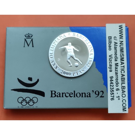 ESPAÑA 2000 PESETAS 1990 FUTBOL OLIMPIADA BARCELONA 1992 1ª SERIE MONEDA DE PLATA PROOF ESTUCHE FNMT 0,80 Onzas