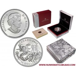 1 ONZA x CANADA 15 DOLARES 2012 AÑO DEL DRAGON Serie Lunar MONEDA DE PLATA ESTUCHE PROOF ESTUCHE y CERTIFICADO