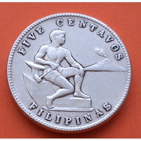 FILIPINAS 5 CENTAVOS 1945 S ABORIGEN y VOLCAN KM.180A MONEDA DE NICKEL MBC Philippines WWII