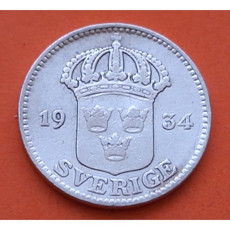 SUECIA 25 ORE 1934 G Rey GUSTAV V KM.785 MONEDA DE PLATA MBC Sweden silver coin