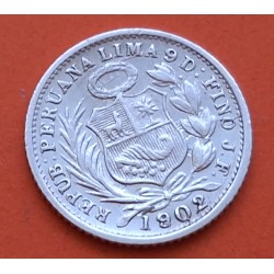 PERU 1/2 DINERO 1902 J.F. Ceca de Lima DAMA SENTADA KM.206.2 MONEDA DE PLATA MBC++ República Peruana 1,25 grs 15mm