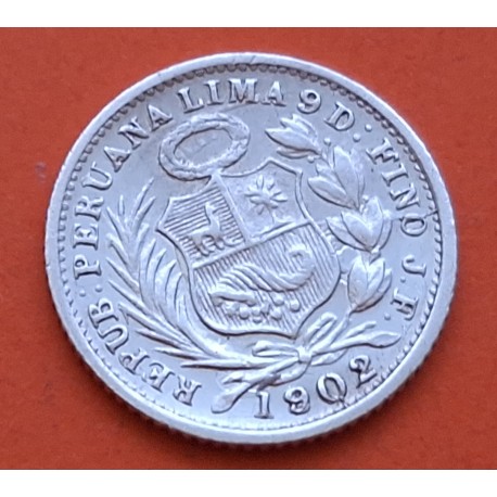 PERU 1/2 DINERO 1902 J.F. Ceca de Lima DAMA SENTADA KM.206.2 MONEDA DE PLATA MBC++ República Peruana 1,25 grs 15mm