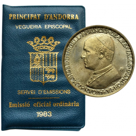 . 1 Estuche Oficial x ANDORRA 1 DINER 1983 COPRÍNCIPE JOAN MARTÍ KM.14 MONEDA DE LATÓN SC + Imperfecciones