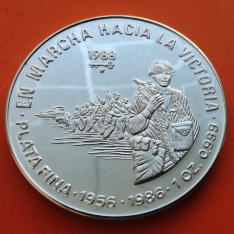 . Tirada 4.000 x CUBA 10 PESOS 1989 SOLDADOS EN MARCHA HACIA LA VICTORIA KM.164 MONEDA DE PLATA PROOF 1 ONZA OZ