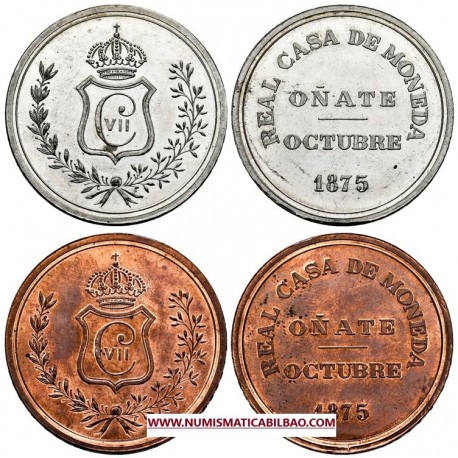 . 2 Medallas x ESPAÑA 5 PESETAS 1875 Rey CARLOS VII REAL CASA DE LA MONEDA DE OÑATE PLATA y COBRE