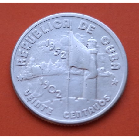 CUBA 20 CENTAVOS 1952 BANDERA 50 AÑOS DE LIBERTAD y PROGRESO KM.25 MONEDA DE PLATA MBC+ silver coin R/4