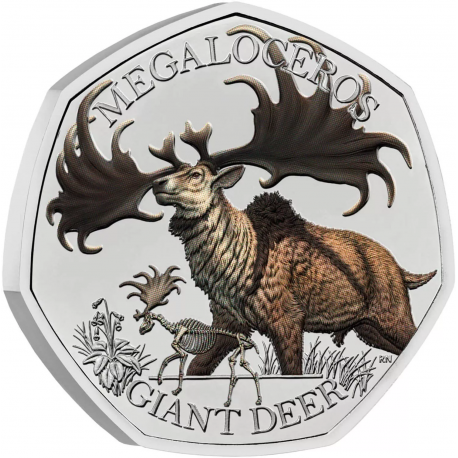 . 1 aaaaaaacoin @12/MARZO Envío - COLORES@ INGLATERRA 50 PENIQUES 2024 Dinosaurio GIANT DEER MONEDA NICKEL MINT SET Ciervo