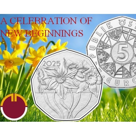 . 1 aaaaaacoin @12/MARZO Envío@ AUSTRIA 5 EUROS 2025 FLOR DE NARCISO Serie MONEDA DE PASCUA PLATA BLISTER SC Osterreich