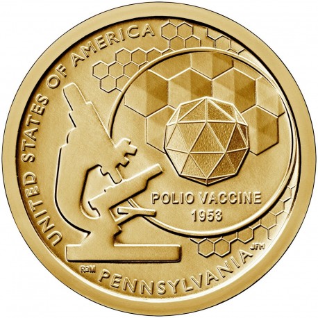 Estados Unidos 1 Dolar 2019 P American Innovation 3ª Moneda Pennsylvania Vacuna De La Polio Laton Sc Usa 1 Dollar Coin