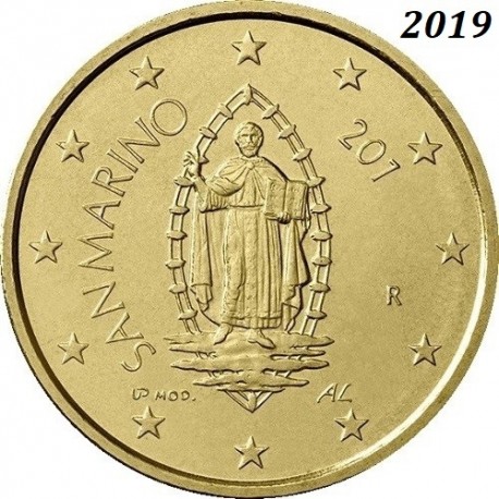 SAN MARINO 50 CENTIMOS 2019 @2ª MODELO - NUEVO DISEÑO@ SANTO EN VENTANA MONEDA DE LATON SC