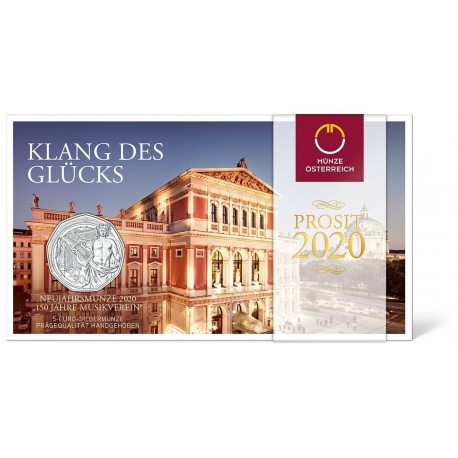 .AUSTRIA 5 EUROS 2020 Moneda 1ª CLUB DE MUSICA EN VIENA 150 ANIVERSARIO PLATA SC Osterreich coin BLISTER COINCARD