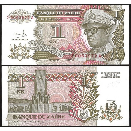 ZAIRE 1 NUEVO LIKUTA 1993 DICTADOR MOBUTU ESTATUA MILITAR Pick 47 BILLETE SC 1 NOUVEAU LIKUTA UNC BANKNOTE